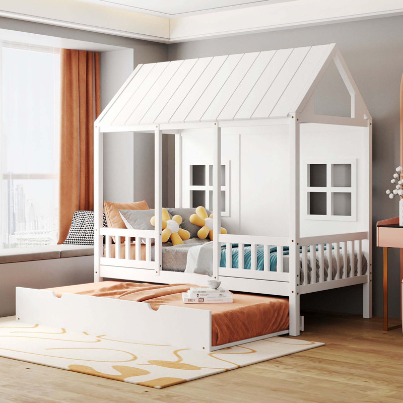 Lit Wood House avec lit gigogne simple, Lit simple