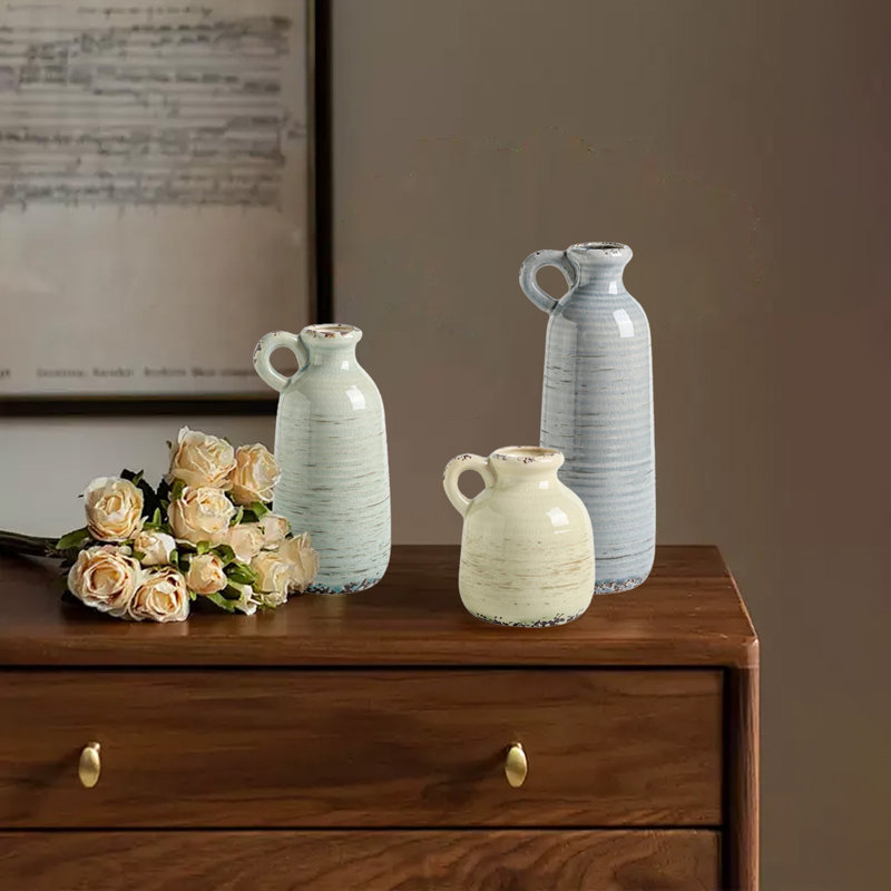 Ensemble de 3 vases en céramique, Bleu, vert et beige