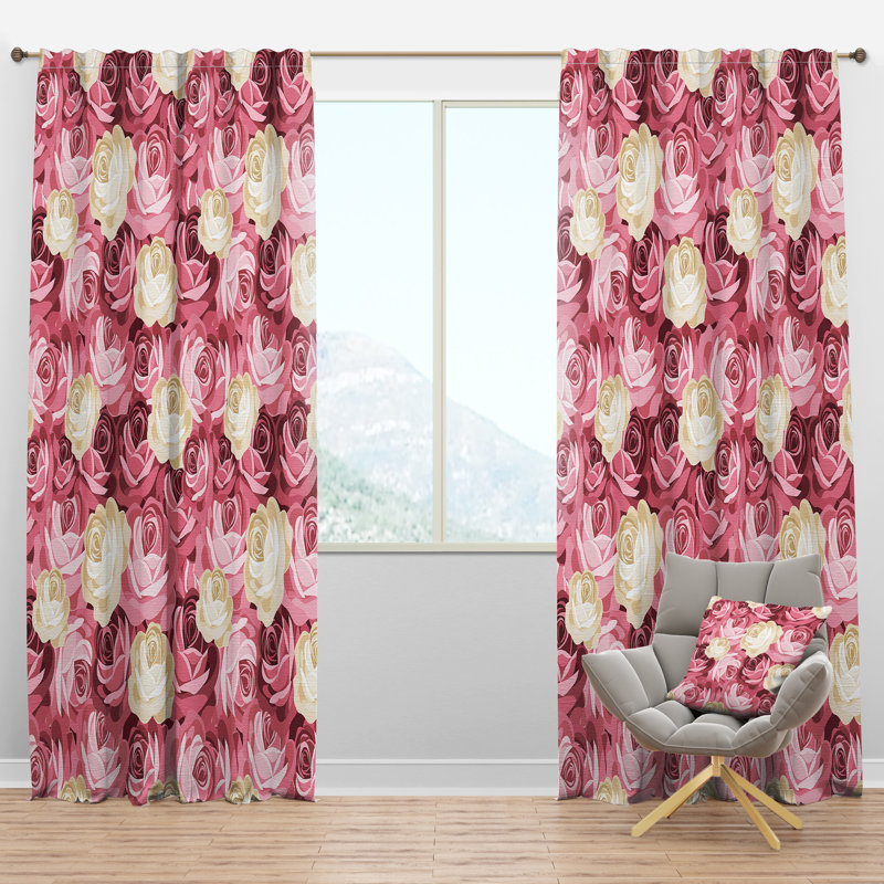 Panneau de rideau simple semi-diaphane avec fleurs roses et jaunes, l 52 po x L 90 po