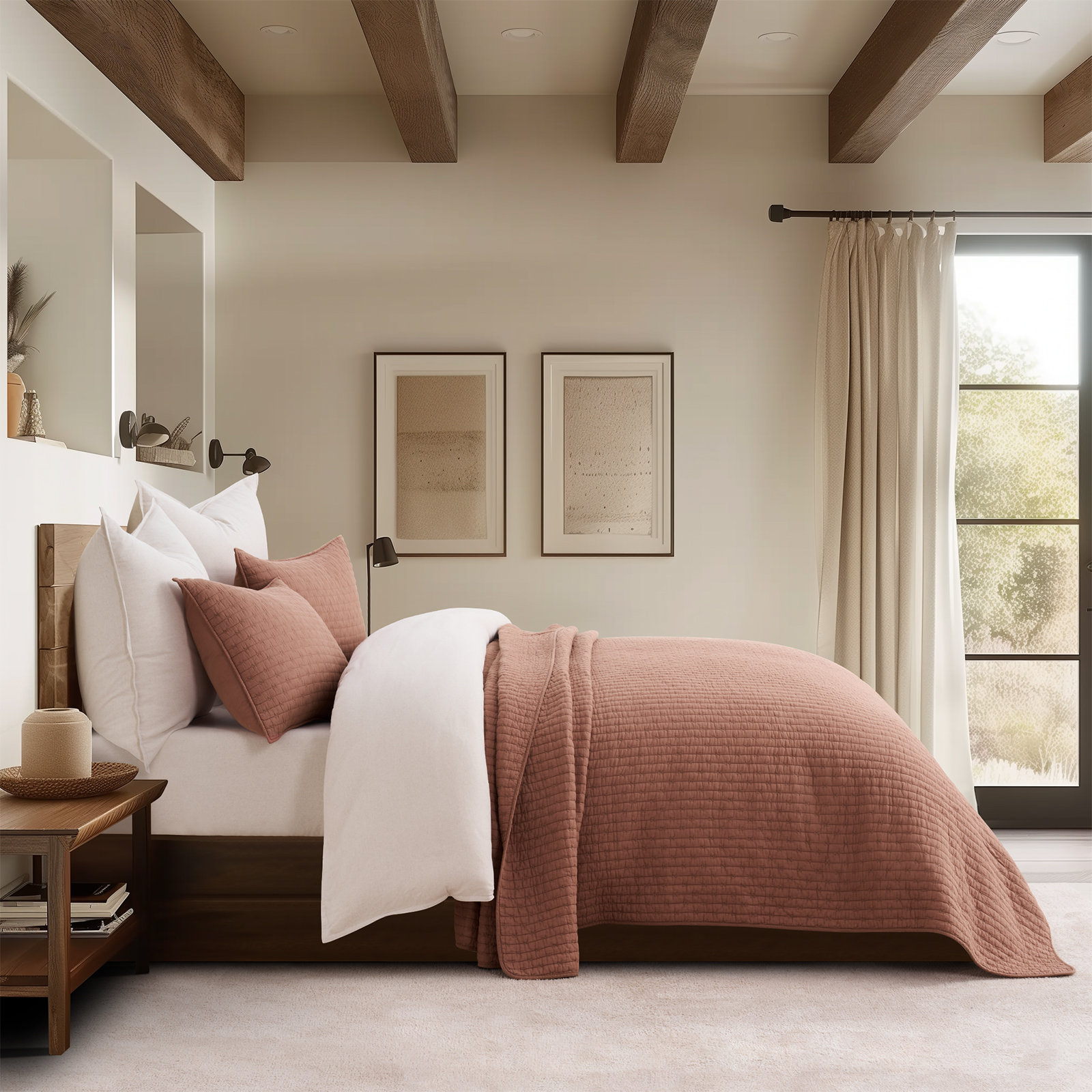 Cross Stitch Cotton Quilt set, Queen, Terracotta Clay