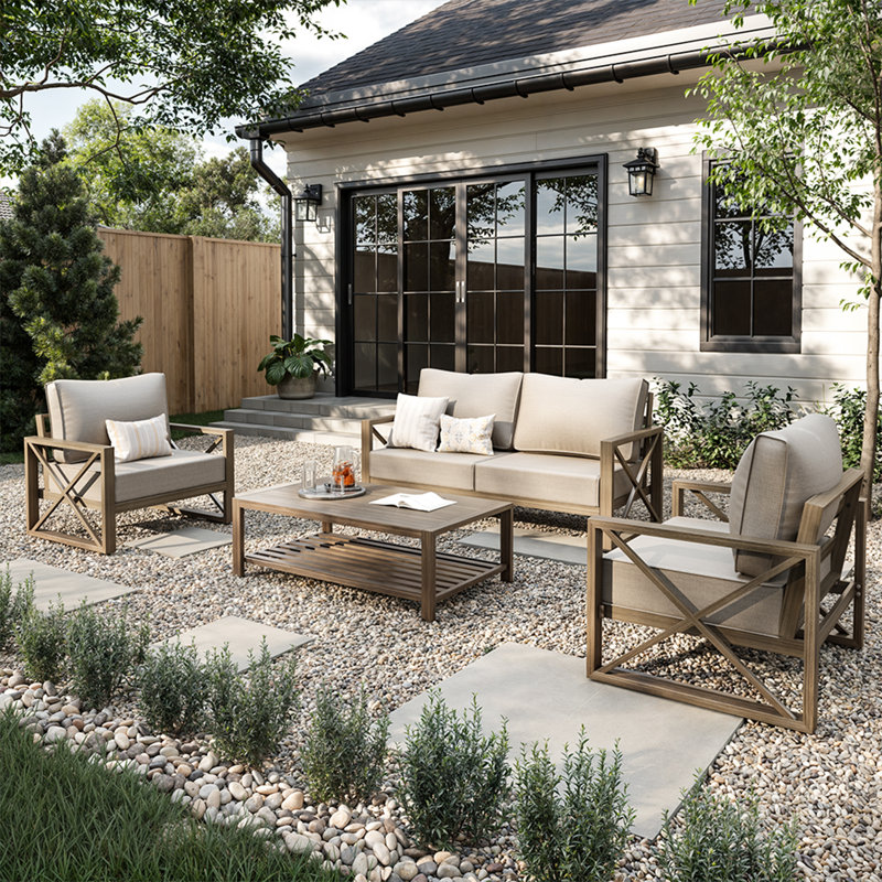 Ensemble de conversation moderne pour patio 4 pièces avec tissu en oléfine, Beige