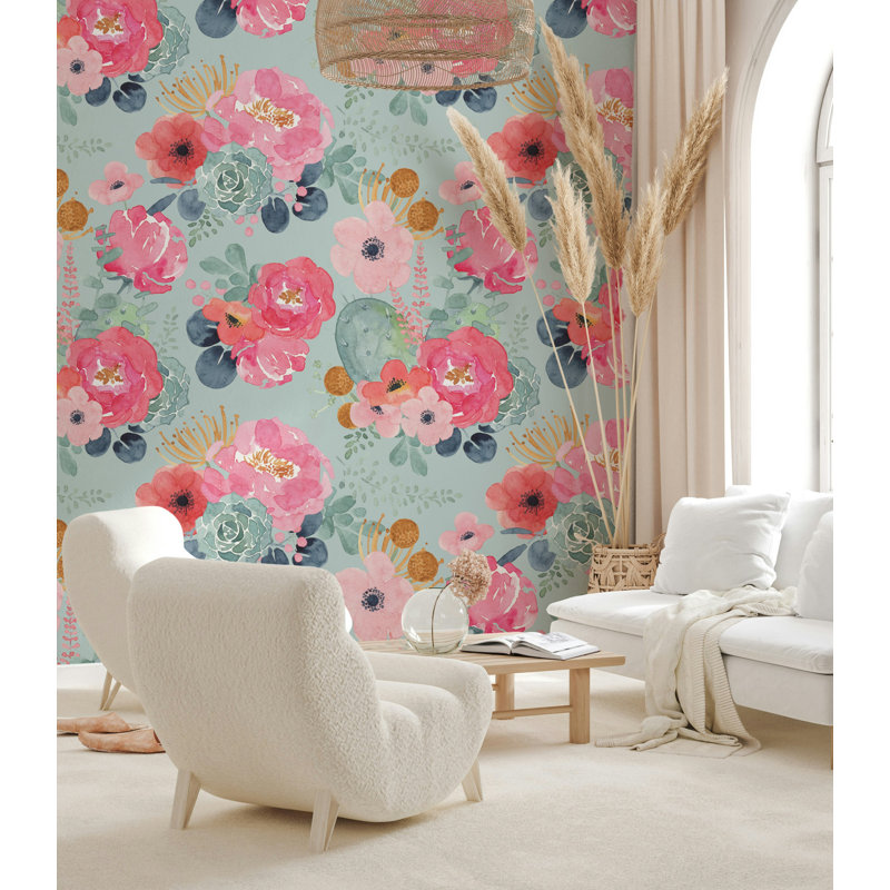 Papier peint amovible Watercolor Pink Flowers Blossom Bliss, L 9 po x l 15 po