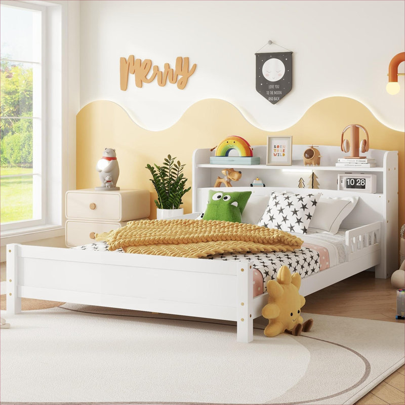 Structure de lit double en bois de pin massif blanc pur avec tête de lit bibliothèque et garde-corps optionnels pour la chambre à coucher