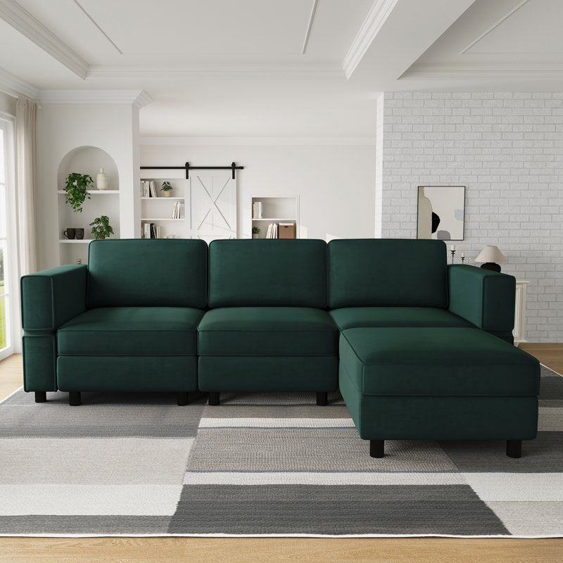 Canapé modulaire en L avec repose-pieds mobile, Green Velvet, H 33,9 po x l 88,6 po x P 57,1 po 