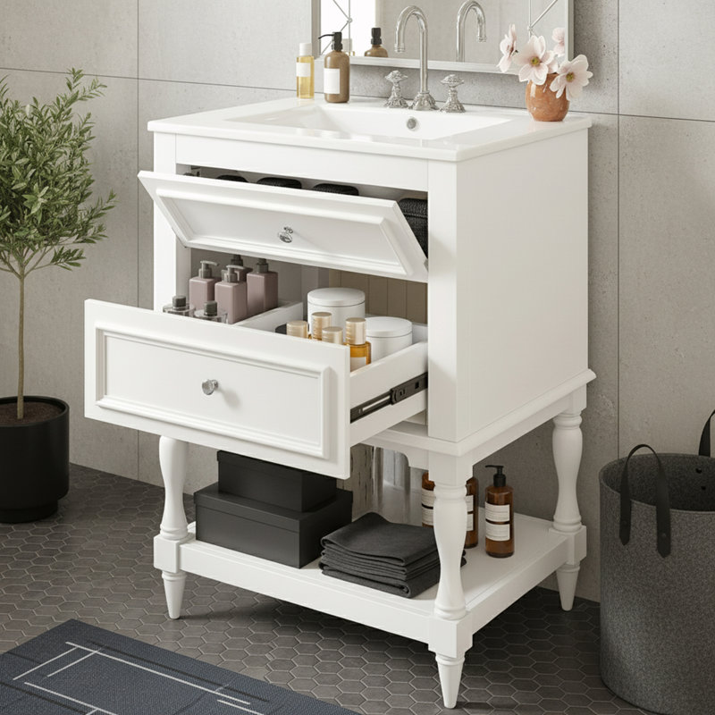 Meuble-lavabo avec lavabo et tiroirs en céramique, White