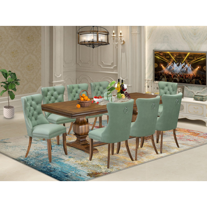 Cet ensemble de salle à manger 9 pièces comprend une table de cuisine et 8 chaises de salle à manger modernes en polyester vert Willow avec dossier capitonné - Finition noyer antique