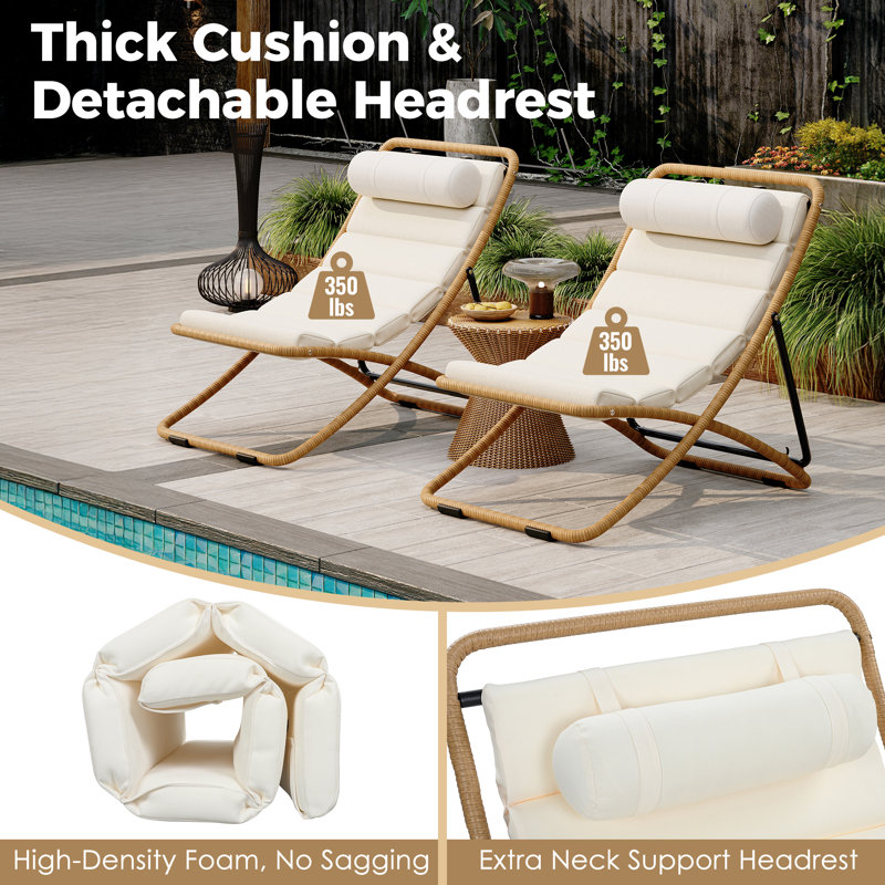 2-Piece Folding Rattan Patio Chaise Lounge, Adjustable Recliner With Cushion And Headrest, Yellow