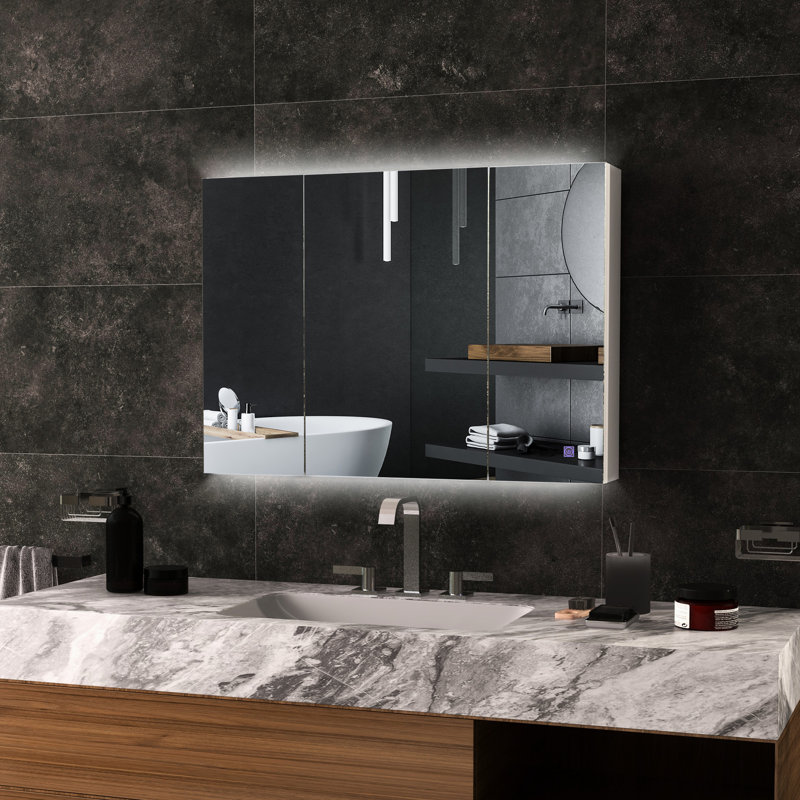 Armoire de salle de bain éclairée avec miroir et rangement - l 35,5 po x P 6 po x P 25,5 po, blanc, lumières amovibles, tablette murale réglable