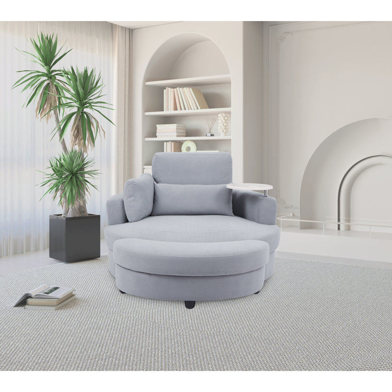 Lasean Upholstered Swivel Barrel Chair with Ottoman, Mist Blue Corduroy