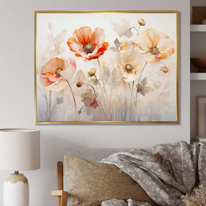 Beige, coquelicot, pré, mélodie IV, Cadre flottant doré, H 24 po x l 32 po