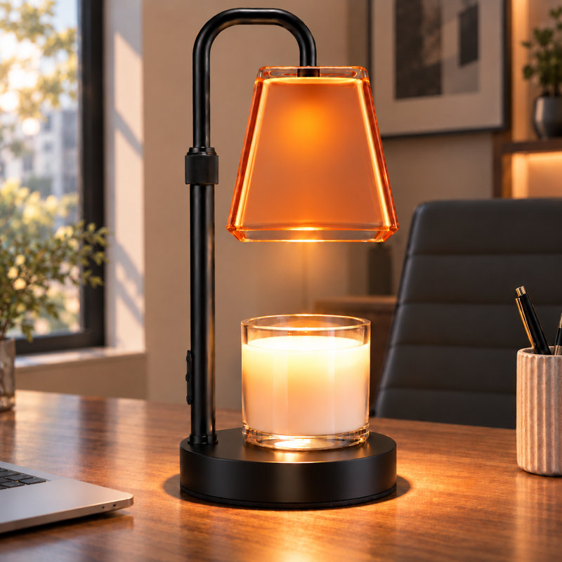 Lampe chauffe-bougie avec minuterie et variateur, brûleur à cire pour bougies parfumées en pot, cadeau de pendaison de crémaillère pour femme, hauteur réglable, chambre, cuisine, bureau, décoration esthétique (verre orange poudré)