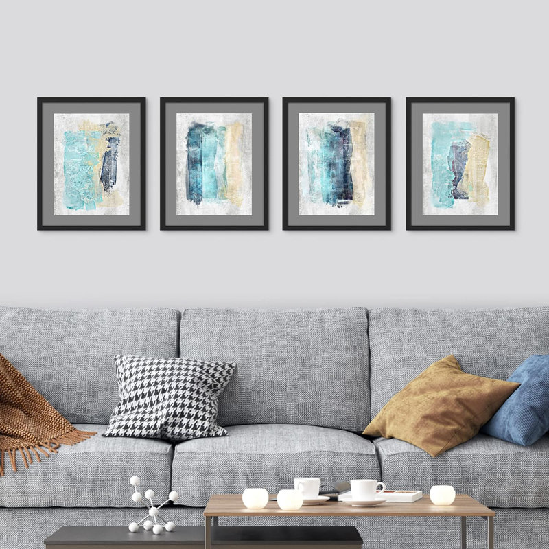 Pastel aquarelle bleu sarcelle jaune, coup de peinture jaune, ensemble de 4 impressions murales abstraites encadrées sur papier, impression de 4 pièces