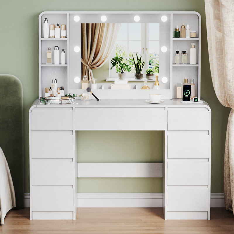Meuble-lavabo moderne 44,9 po avec miroir lumineux, station de charge intégrée, 9 tiroirs et tablettes réglables, White