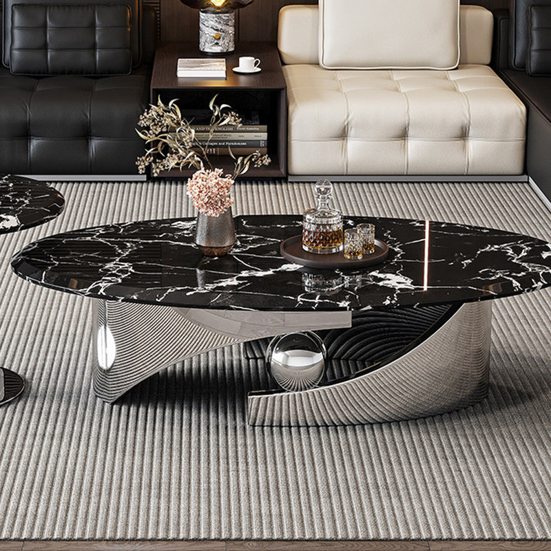 Table basse en marbre avec base en acier inoxydable, 15.75" H x 51.18" L x 27.56" W, Noir