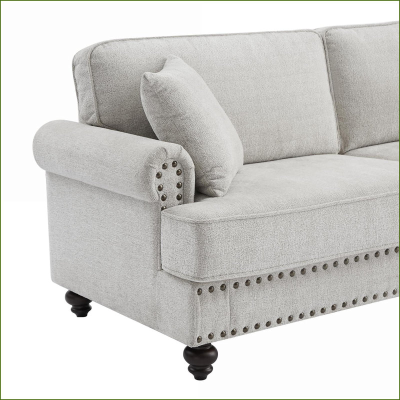 Causeuse en chenille blanche à 2 places 61 po avec garniture cloutée et ampoules Sofas Accoudoirs | Blanc neige | Chenille