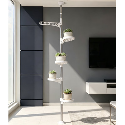 Adjustable 5-Layer Indoor Plant Pole Spring Tension Rod Corner Flower Display Rack, Floor to Ceiling Telescopic Plant Stand Holder with 4 Trays and 1 Hook, Space Saving Stand for Living Room Balcony Office, Ivory