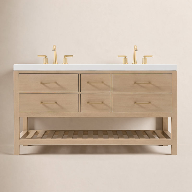 Elizabeth 60'' W Vanity, Oak/Rose Gold, Pure White Quartz