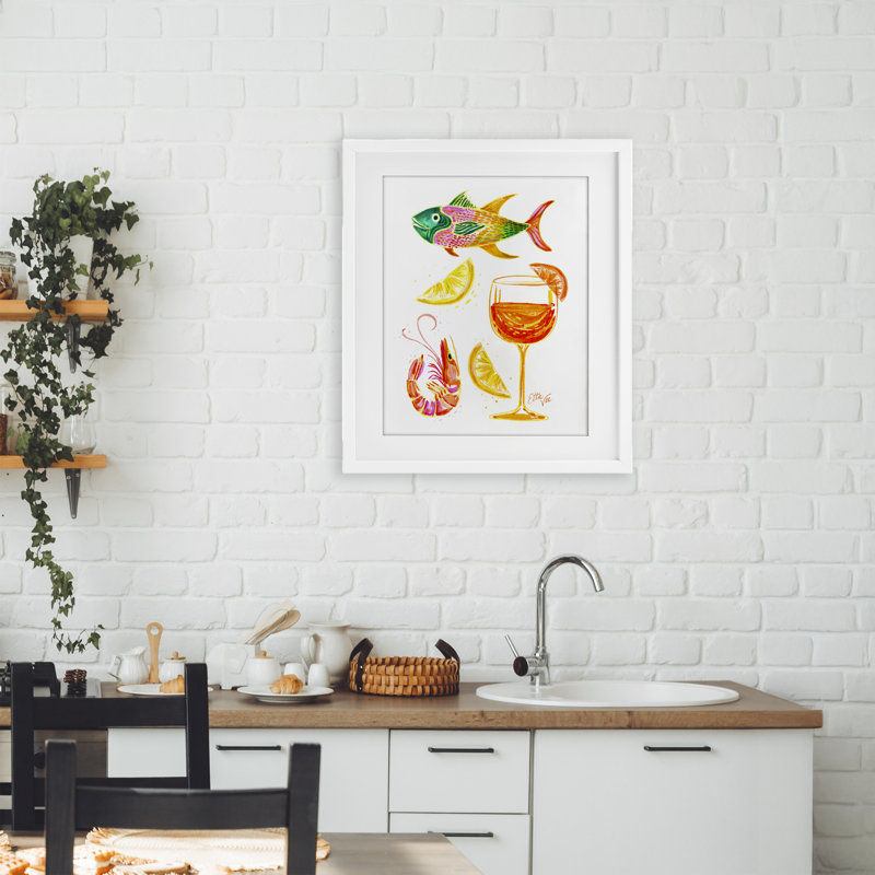 Été, fruits de mer et Spirz, reproduction encadrée sous verre, design par EttaVee, H 21 po x l 17 po, Cadre blanc côtier