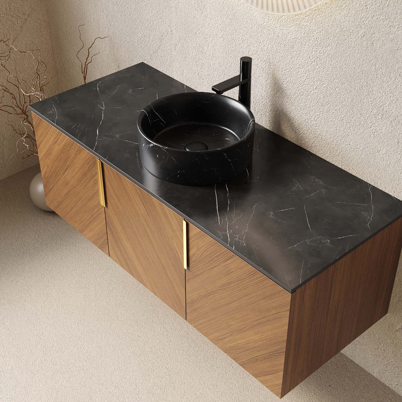 Meuble-lavabo de salle de bain, cabine de rangement murale en contreplaqué, comptoir en pierre frittée et lavabo rond en céramique