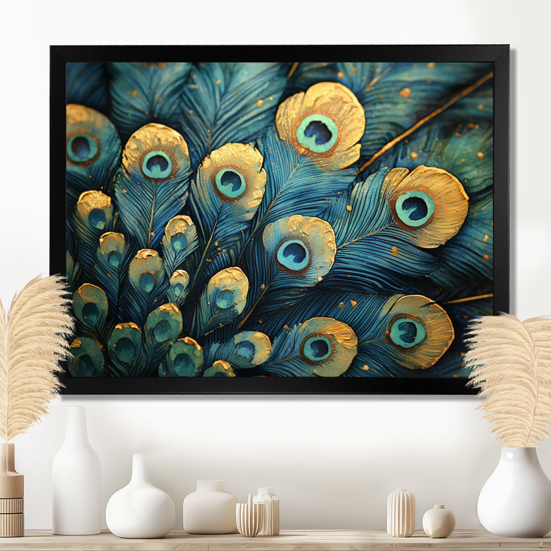 Emerald Peacock Feather Mosaic I - paon, art mural, H 12 po x l 20 po, Avec cadre, Noir