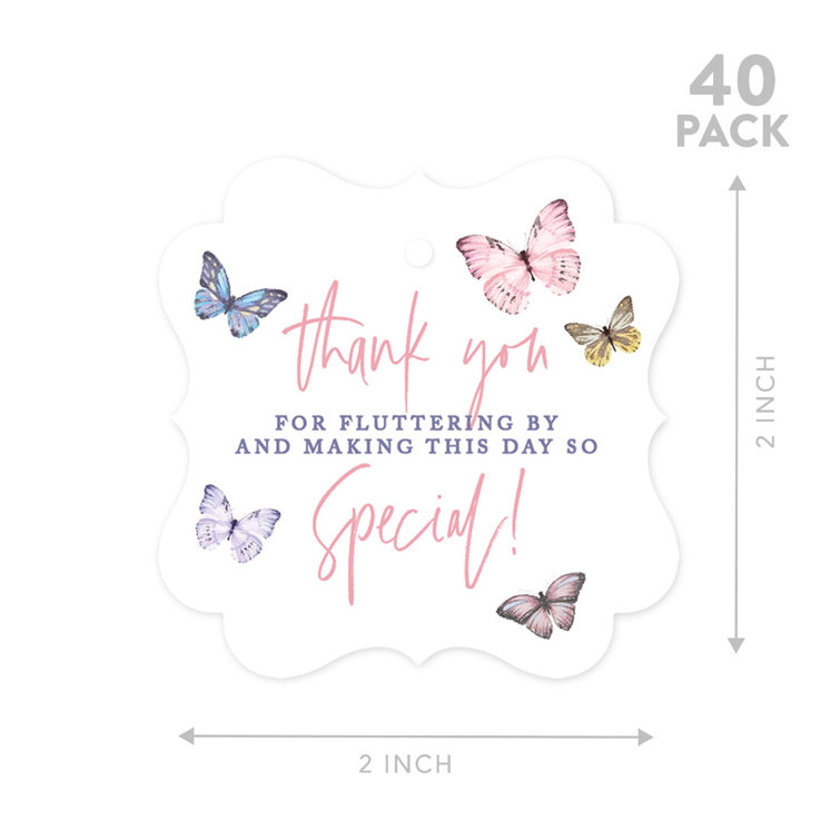 Andaz Press Fancy Frame Kids Party Favor Thank You Tags with String, Butterfly Birthday Gift Tags for Gift Bags, White