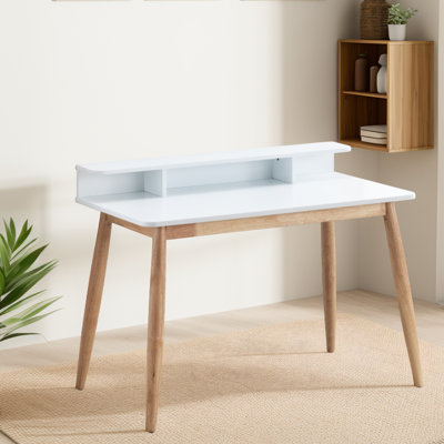 White Mid-century Modern Desk - & Solid Rubber Wood 43"w X 23.6"d 34.4"h Simple Office Construction