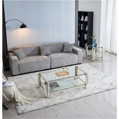 Modern Stainless Steel Coffee Table Set (Set of 2), Double-Layer Clear Tempered Glass Table Top, Coffee Table & End Side Table 2-Pieces Sets for Living Room Home Office
