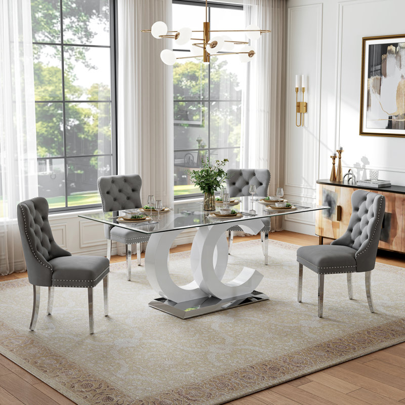 5-Piece Glass Dining Table Set, 70" Rectangular Tempered Glass Table with OC-Shaped Base and 4 Tufted Velvet Dining Chairs, Elegant Modern Style