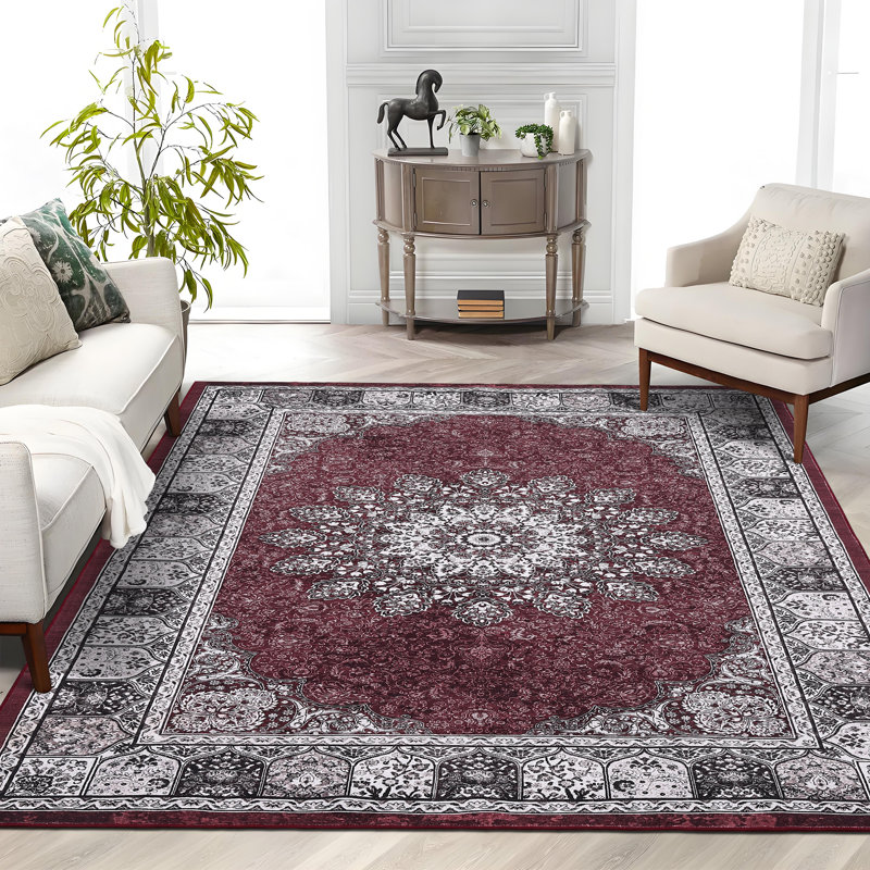 5'x7' Washable Vintage Floral Area Rug, Non-Slip Distressed Indoor Carpet for Living Room Bedroom, Rust Red, Red
