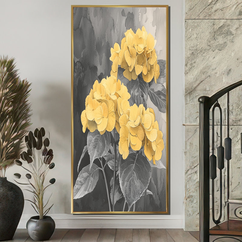 Curata - Floral Canvas Wall Art, 60" H x 28" W, Floater Framed Print, Gold