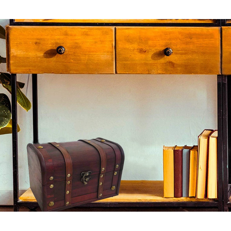 Wood and Leather Treasure Decorative Box with Lock And Lids