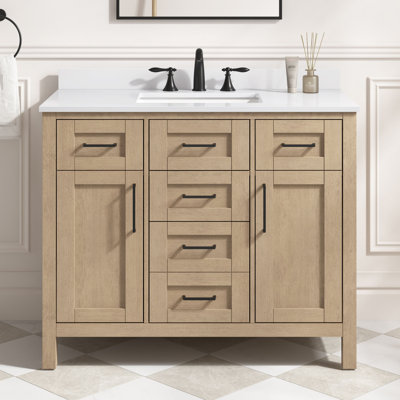Tahoe 42 in. Sahara Birch Freestanding Bathroom Vanity, Engineered Stone Top with Backsplash, Matte Black Hardware