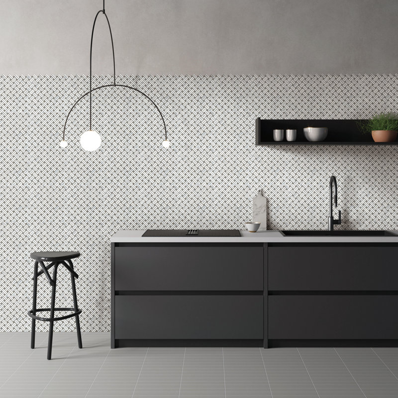 Knot Basketweave Polished Marble Tile, White/Walnut