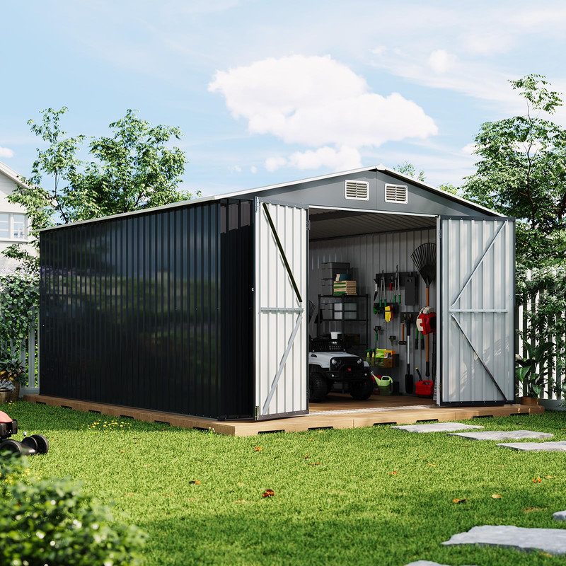 Remise de rangement pour l'extérieur 10 pi x 12 pi avec portes verrouillables, structure en acier galvanisé, abri de jardin pour patio imperméable, conception ventilée, gris