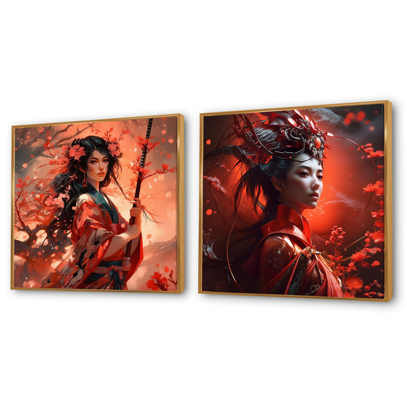 Samurai Floral Beauty - Asian Woman, Cadre flottant doré, H 30 po x l 61 po