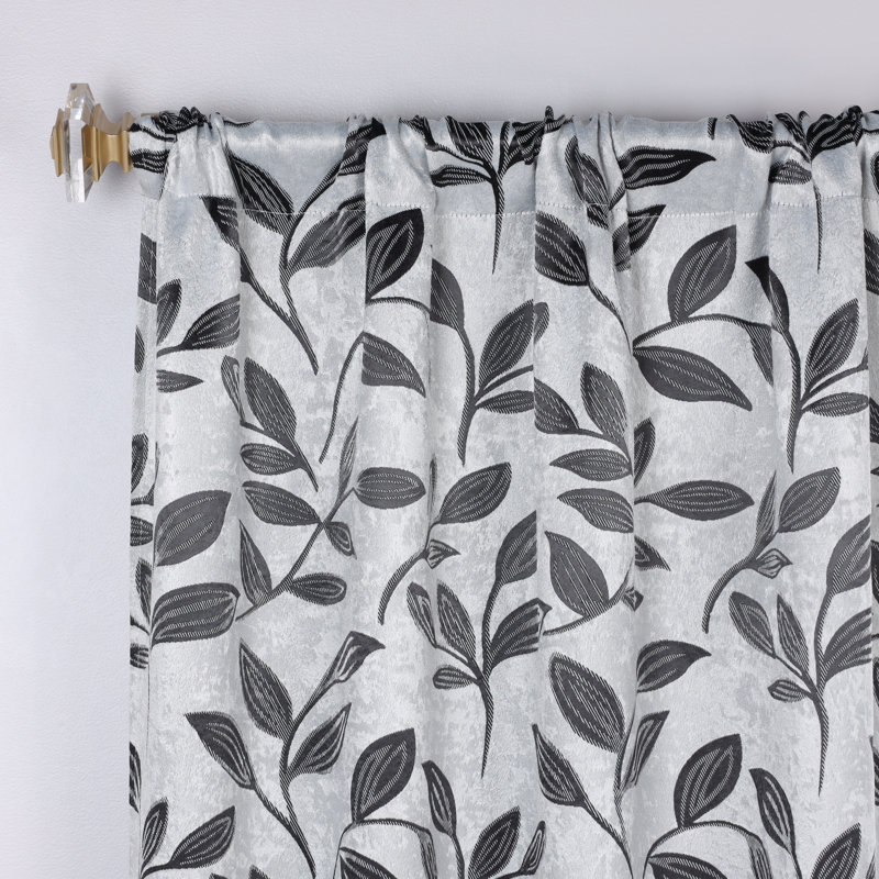  Modern Bohemian Leaves Pattern 100% Polyester Machine Washable Room Darkening Blackout Curtains, Silver/Black, 26" W x 63" L