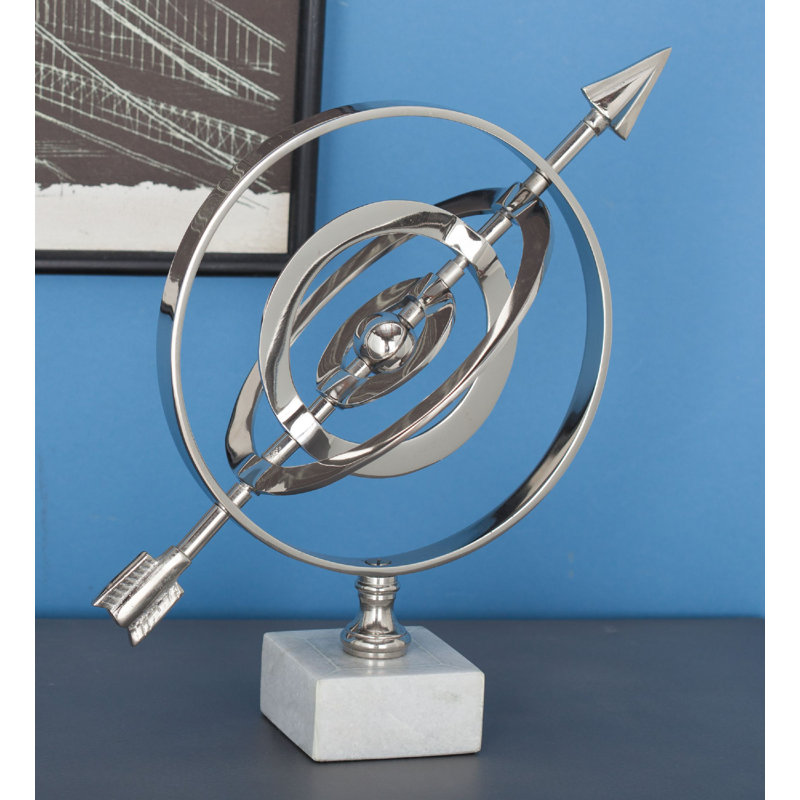 Trentelman Aluminum Metal Armillary Educational Silver Globe with Marble Base