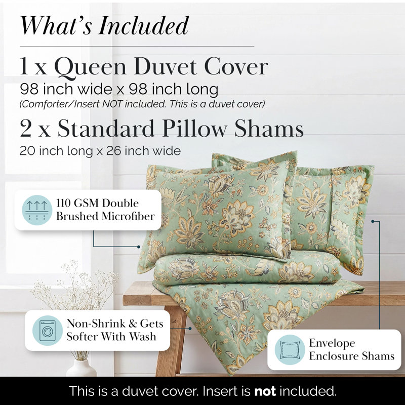 Ensemble de housse de couette Jacobean Willow, Housse de couette double et 2 taies décoratives s, Vert