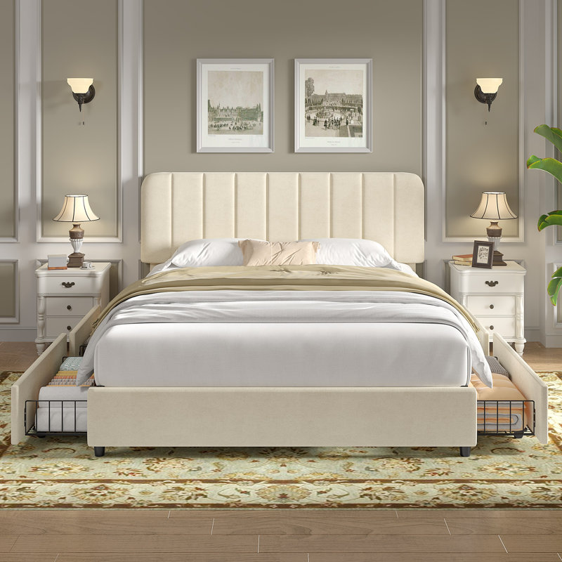 Lit plateforme tapissier à 4 tiroirs Huntsville , Complète, Beige