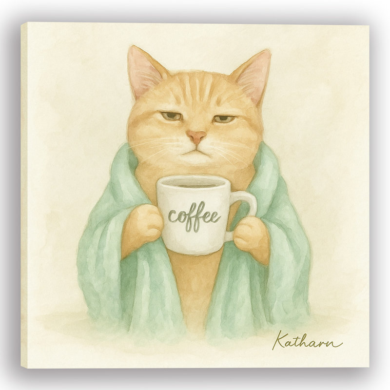 «Paws Off My Coffee» - Chat dans une robe de chambre en toile, art mural, H 40 po x l 40 po