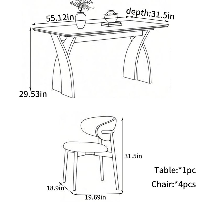 Table de salle à manger American American, 5 pièces: table, 4 chaises, H 29,53 po x l 55,12 po x P 31,5 po