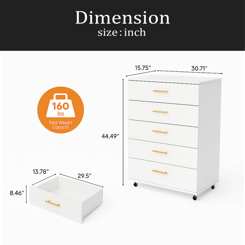 Commode 5 tiroirs avec poignées - Armoire de rangement moderne
