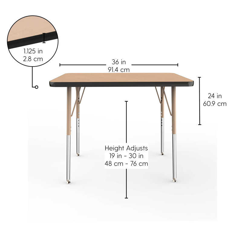 Table d'activité rectangulaire à hauteur ajustable, 30" H x 36" L x 24" W, Érable / noir / sable