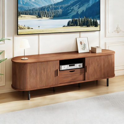 Mid-Century Modern TV Stand With Power Outlet, Fluted Entertainment Center With Storage Drawer, Sliding Door And Adjustable Shelves For Tvs Up To 80 Inches