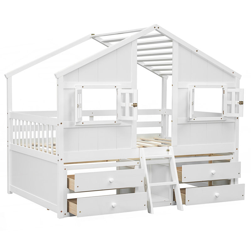 Lit mezzanine pleine grandeur avec toit et 4 tiroirs de rangement, Blanc