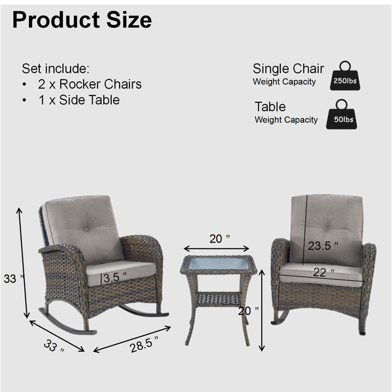 Artiana Wicker 2 - Person Patio Conversation Sets with Cushions, Gray, Brown