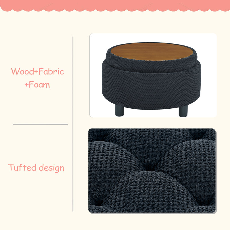 Repose-pieds de rangement de 25 po, repose-pieds rond, repose-pieds de table basse, table d'appoint à plateau en bois, pouf rembourré en tissu