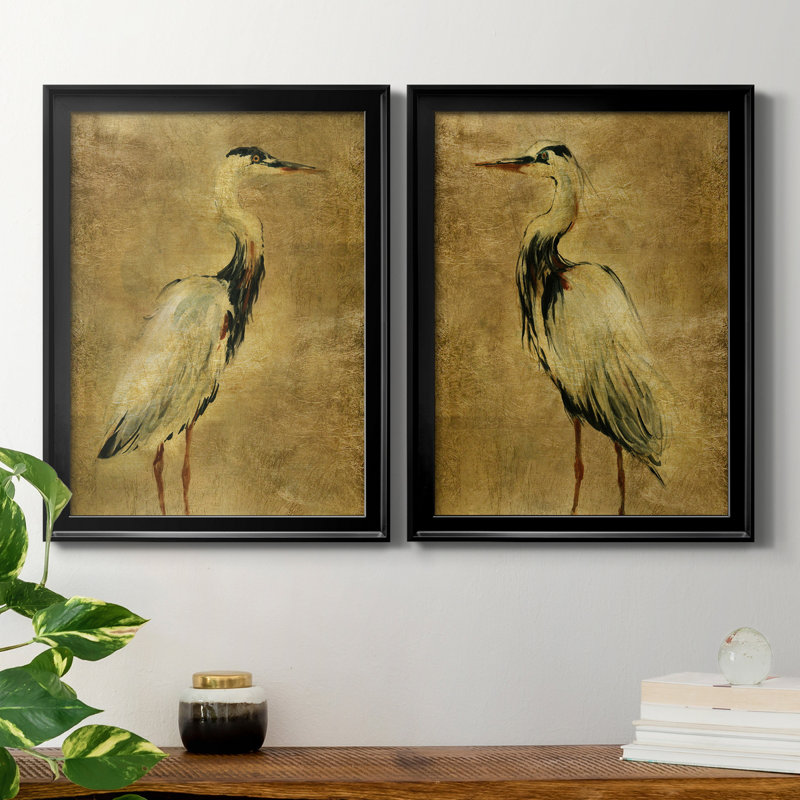 «Gold Crane at Dusk I», ensemble de 2 reproductions d'art sur toiles, Toile encadrée, H 18,5 po x l 49 po x P 1,5 po, Doré