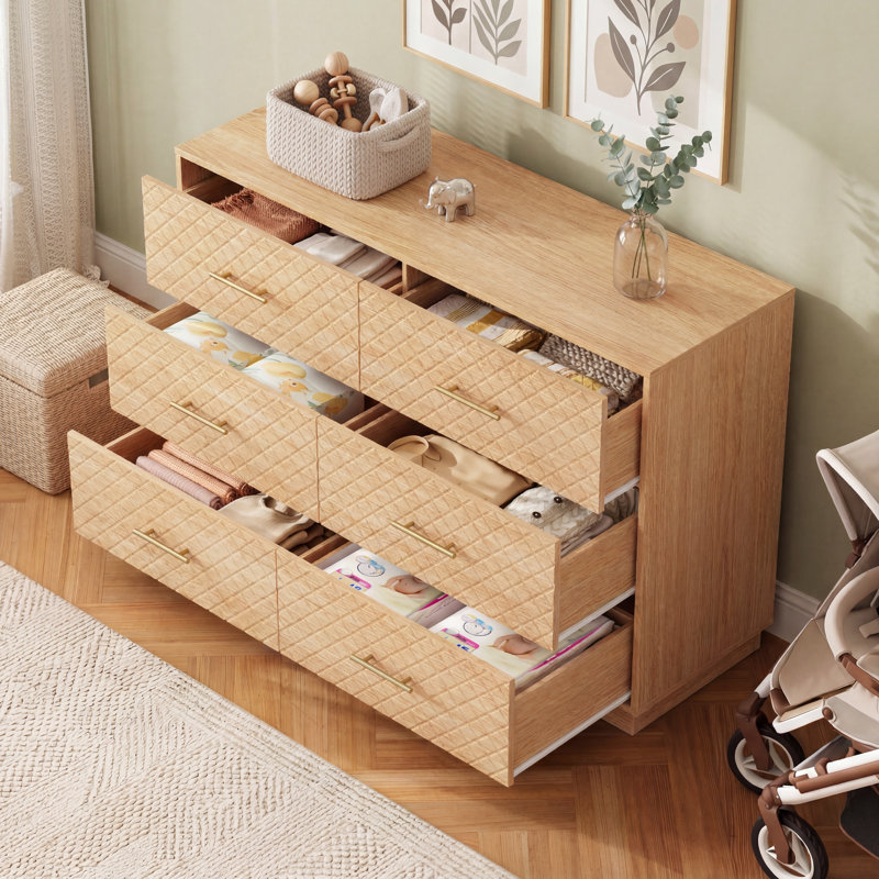 Commode double moderne à 6 tiroirs pour chambre à coucher, commode l 47 po avec panneau à losanges et lumière DEL, commode de rangement pour le salon
