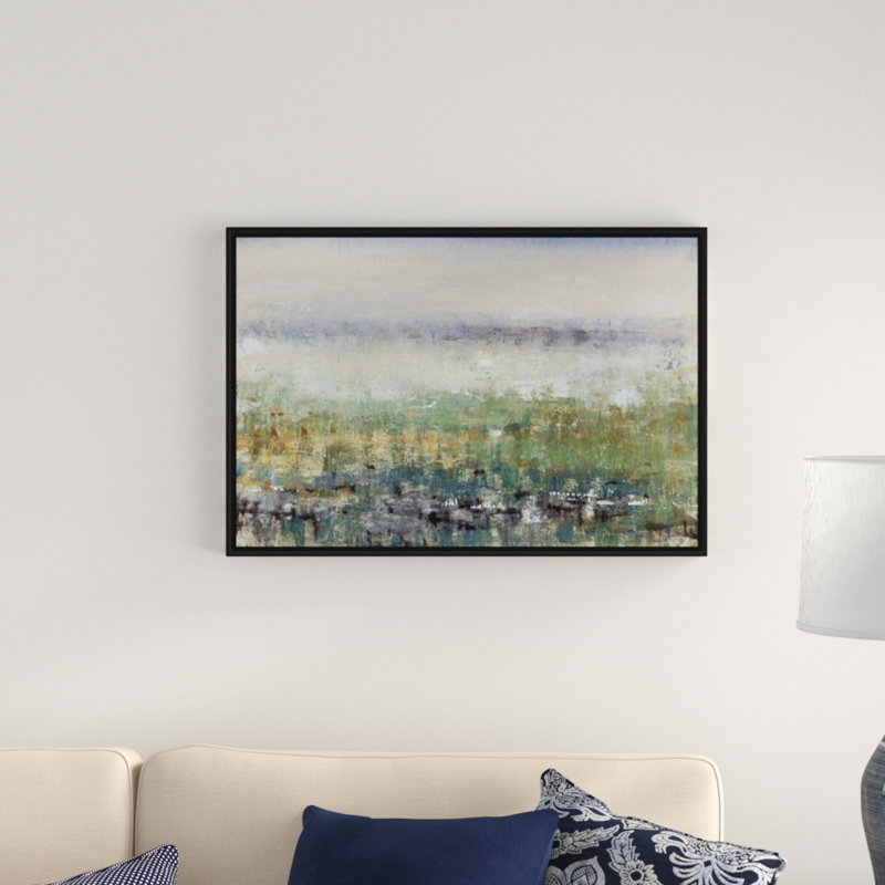 «Mist in the Field», peinture sur toile, H 21,7 po x l 31,7 po x p 1,75 po, Cadre flottant noir
